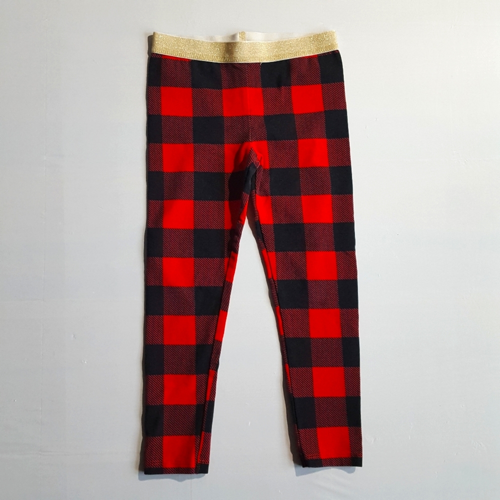 Carter's Red Buffalo Plaid Leggings With Gold Glitter Waistband Girls Size 6/6x